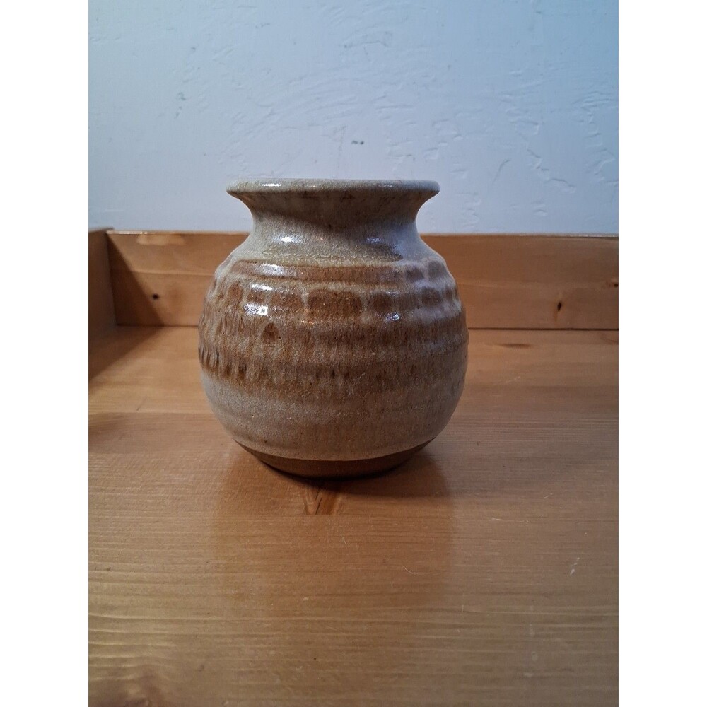 Studio Pottery Vase Handmade Ribbed Brown Natural Color 5" Artisan Felt Bottom